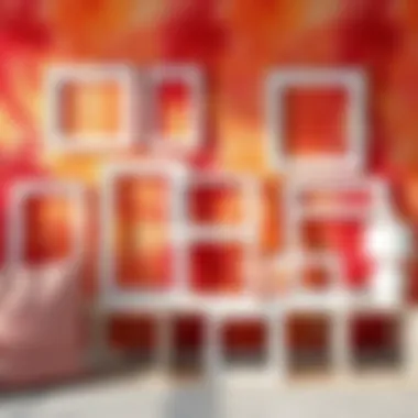 Artistic arrangement of white picture frames against a colorful backdrop