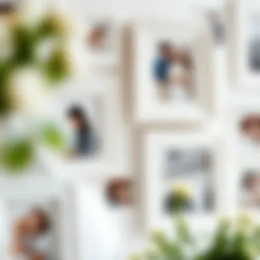 Close-up of textured white picture frames showcasing personal memories