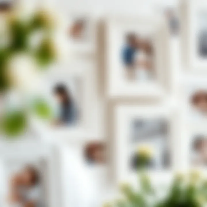 Close-up of textured white picture frames showcasing personal memories