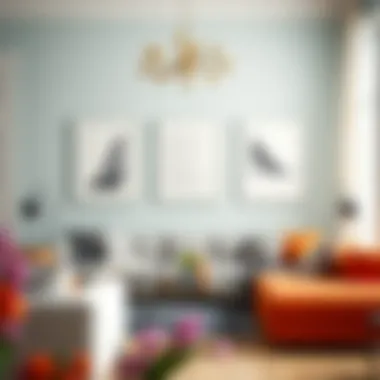 Three white picture frames integrated into a vibrant living room design