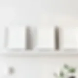 Elegant arrangement of three white picture frames on a minimalist shelf