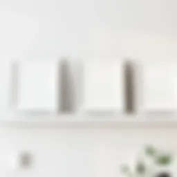Elegant arrangement of three white picture frames on a minimalist shelf