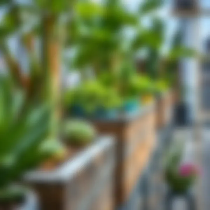 An artistically designed rooftop garden with a mix of textures and heights in planter arrangements