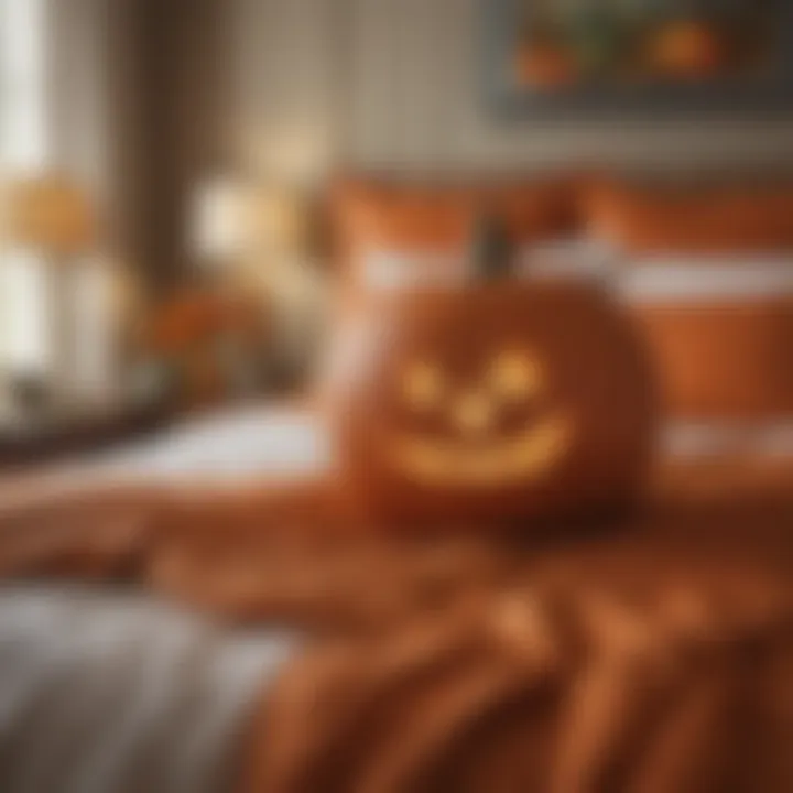 Pumpkin colored comforter featured in a seasonal autumn-themed bedroom arrangement