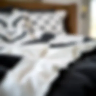 Close-up of fabric textures for black and white comforters
