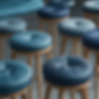 Close-up of various shades of blue fabrics used for stool upholstery