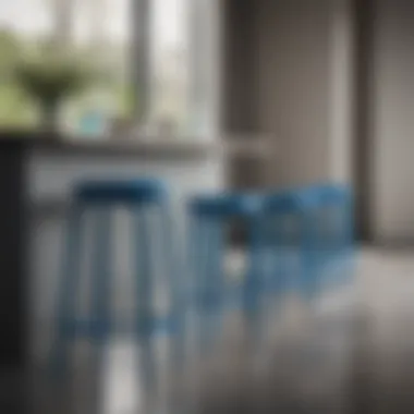 Stylish blue stools arranged around a dining table