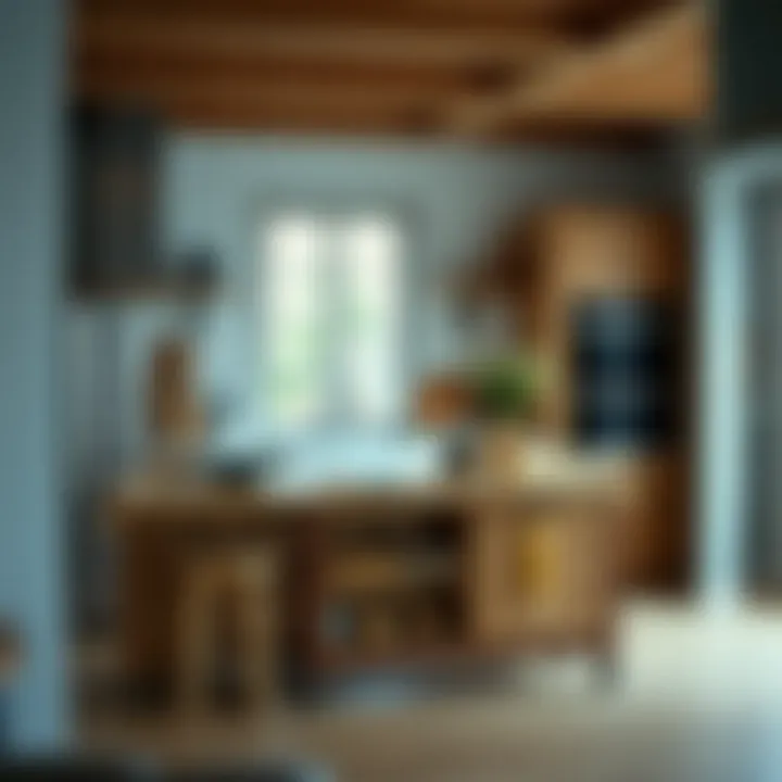 A modern kitchen featuring a butcherblock cart as a central workspace.