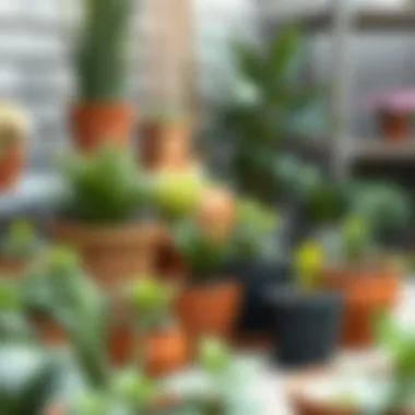 Different sizes of plant pots arranged in a garden setting