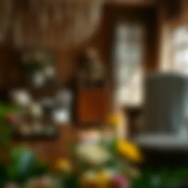 Rustic wooden dining room featuring covered chairs and decor