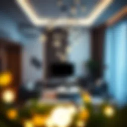 Elegant arrangement of dangling LED lights in a modern living room