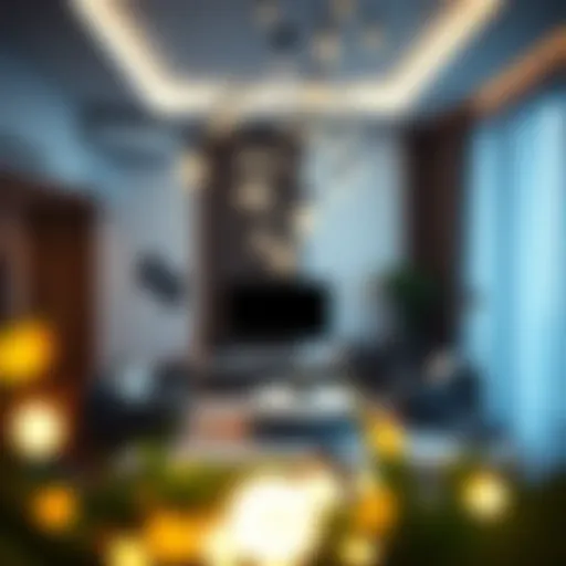 Elegant Modern Living Room with LED Lights Elegant arrangement of dangling LED lights in a modern living room