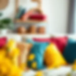 A collection of vibrant throw pillows arranged on a modern sofa