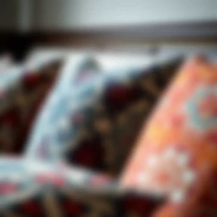 Close-up of intricate patterns on decorative pillows