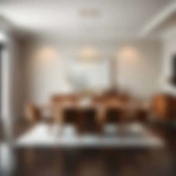 Minimalist dining area featuring a sleek table and minimalist buffet