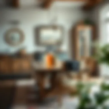 Rustic wooden dining table with matching chairs and an antique buffet