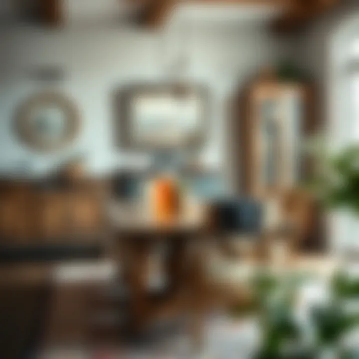 Rustic wooden dining table with matching chairs and an antique buffet