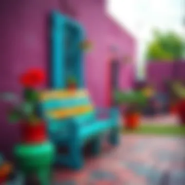 Colorful outdoor space featuring a vibrant garden bench