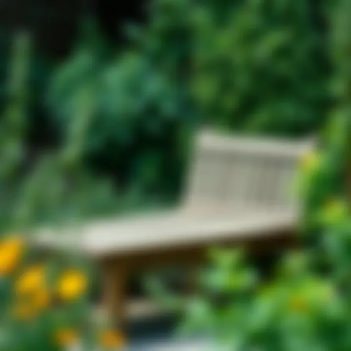 Rustic wooden garden bench surrounded by lush greenery