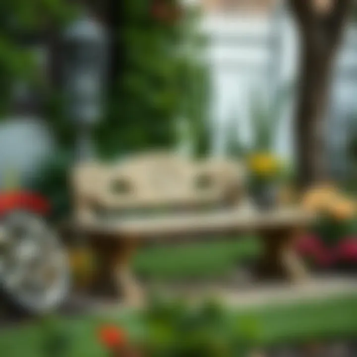 Beautifully designed stone bench with floral surroundings