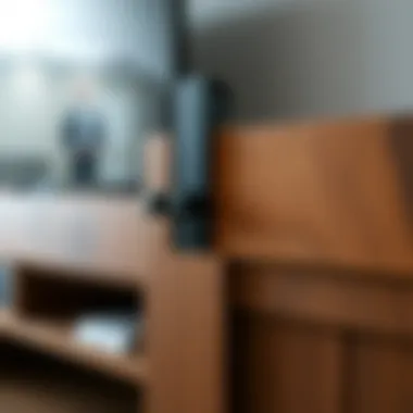 Close-up of barn door mechanism on a TV stand