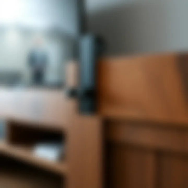 Close-up of barn door mechanism on a TV stand