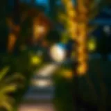 Stylish battery operated spotlight illuminating a garden path