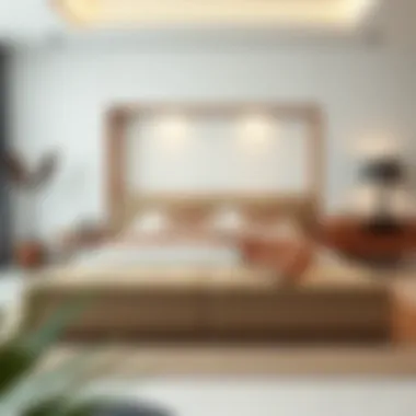 Modern bedroom featuring a stylish bed with attached seating