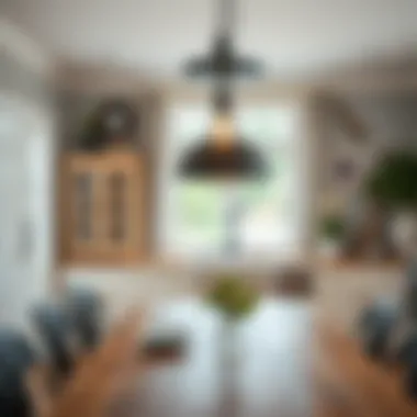 Elegant black pendant light above a rustic farmhouse dining table