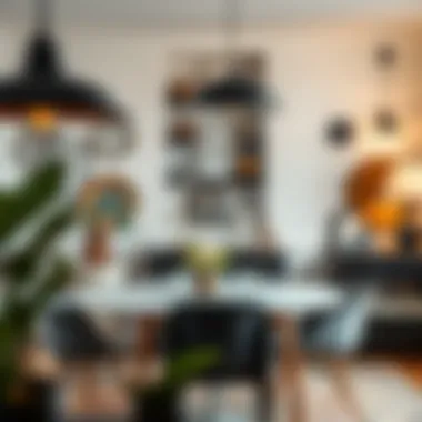 Variety of black light fixtures styled with eclectic decor