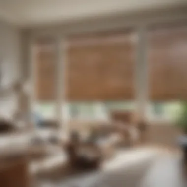 Luxurious Faux Wood Blinds in Modern Living Room Luxurious faux wood blinds in a modern living room