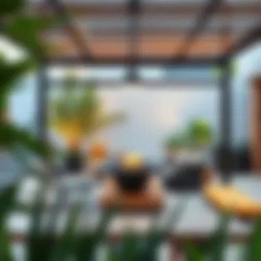 Modern outdoor living space featuring a four person set