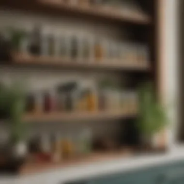 A beautifully arranged kitchen shelf featuring various herbs and spices in decorative jars.