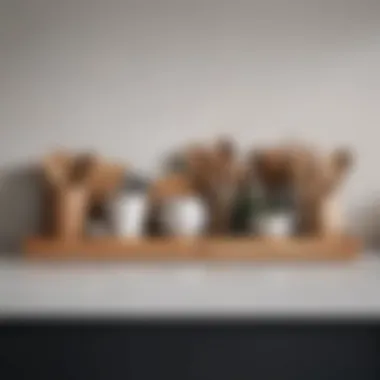 Minimalist Utensil Display A minimalist kitchen shelf showcasing wooden utensils and chic storage containers.