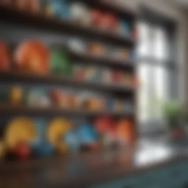 Vibrant Dishware Display An aesthetically pleasing kitchen shelf with vibrant dishware and coordinated colors.
