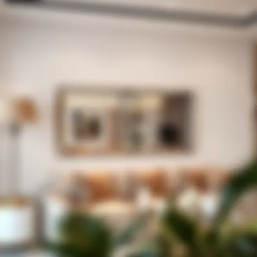 A stylish long mirror elegantly reflecting a modern living room