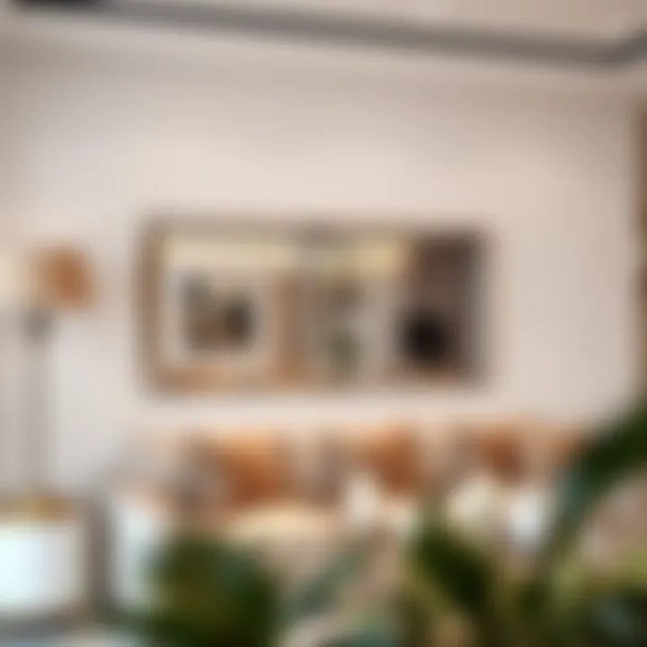 A stylish long mirror elegantly reflecting a modern living room