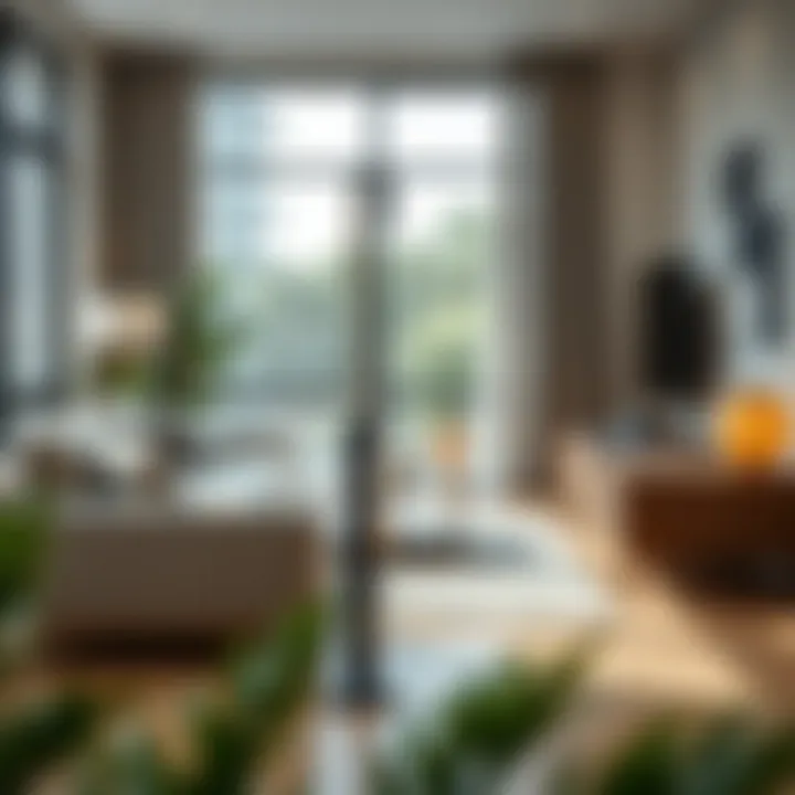 Sleek low profile umbrella stand in a modern living room setting