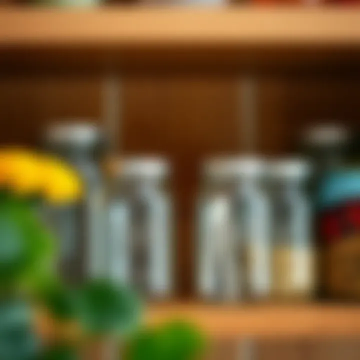 A beautifully arranged kitchen shelf featuring mason jars utilized for decorative purposes