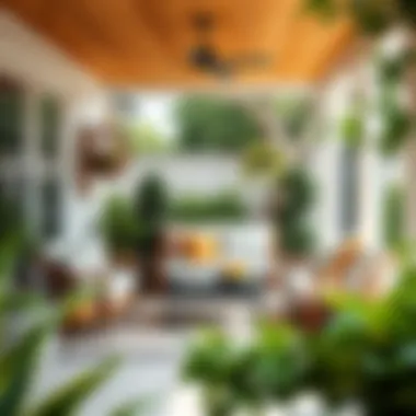 Charming outdoor patio with cozy seating arrangement and decorative elements.