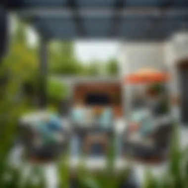 Elegant outdoor patio setting with modern furniture and greenery.