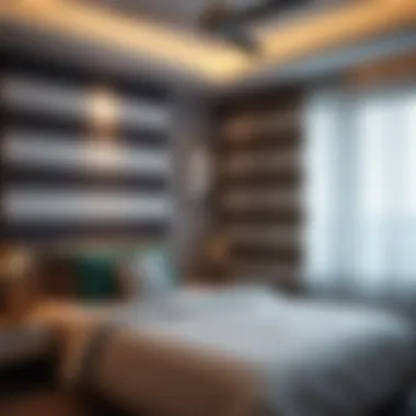 Modern Bedroom Aesthetics with Striped Panel Curtains Modern bedroom adorned with stylish striped panel curtains enhancing the ambiance