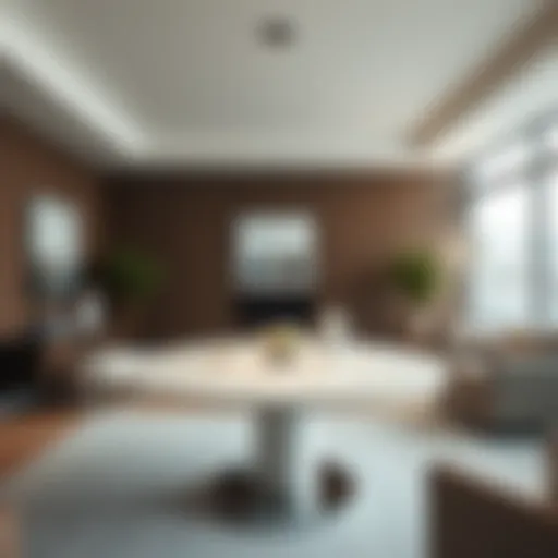 Elegant tall round white table in a contemporary living room