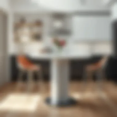 Stylish tall round white table in a minimalist kitchen