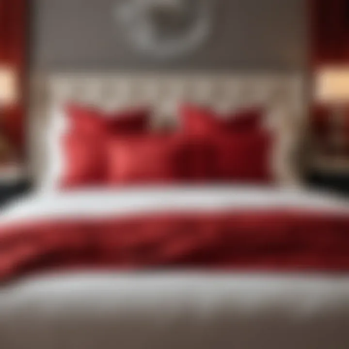 Stylish arrangement of red throw pillows on a bed