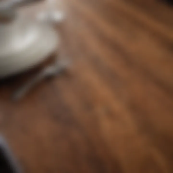 Close-up of the wood grain on a narrow dining table