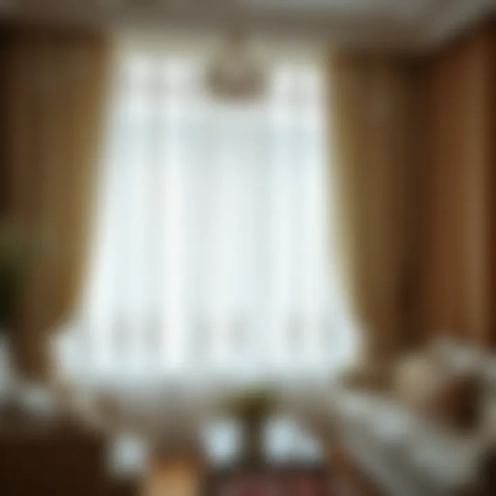 Variety of sheer white embroidered curtains displayed in a showroom