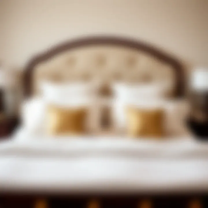 A cozy twin bed setup with plush bedding and a stylish headboard.