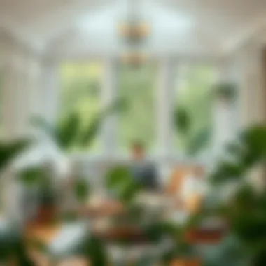 Creative layout options for a sunroom filled with plants and decorative elements.