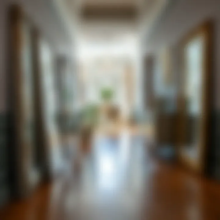 Artistic arrangement of silver floor mirrors in a chic hallway